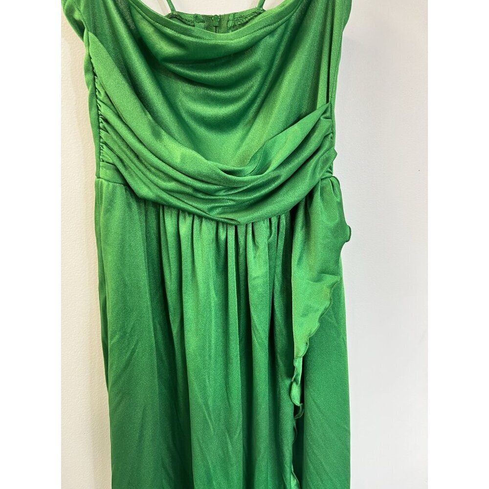 Vtg 70s Funky Sexy Halter Kelly Green Asymmetrical Halter Disco Dress 5 💚 - Picture 4 of 10
